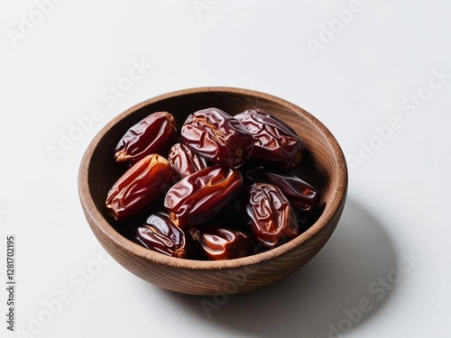 Dried dates fruits in wooden bowl isolated on white background. photo