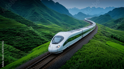 A modern train going on a railway in the mountains.