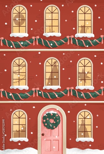 Christmas facade of the red house illustration for postcard and poster