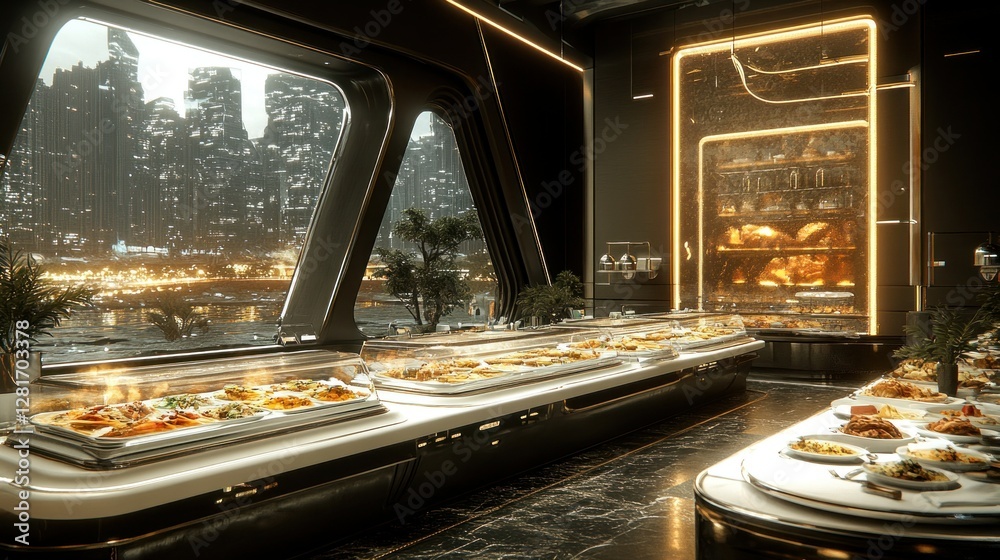 Fototapeta premium Futuristic buffet overlooking city lights