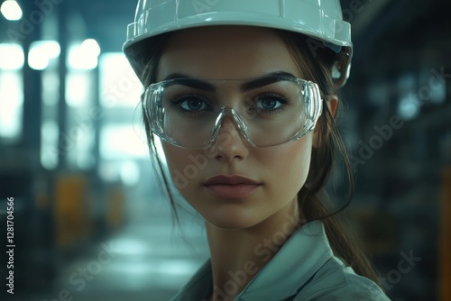 Confident woman with protective eyewear and hard hat.  Safety and professionalism in the manufacturing sector, industrial settings.