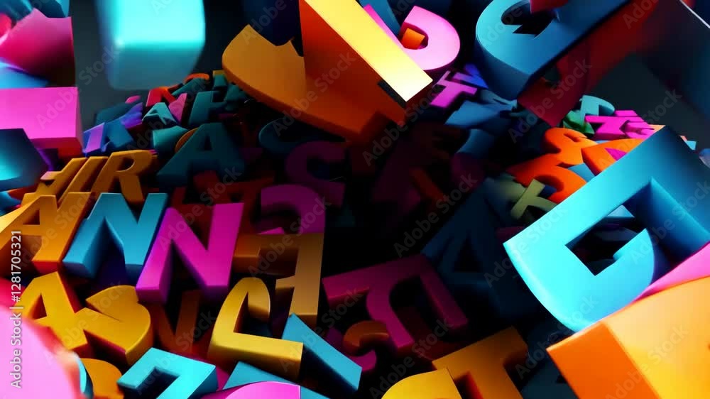 Colorful 3d letters and numbers forming a sphere on a dark background