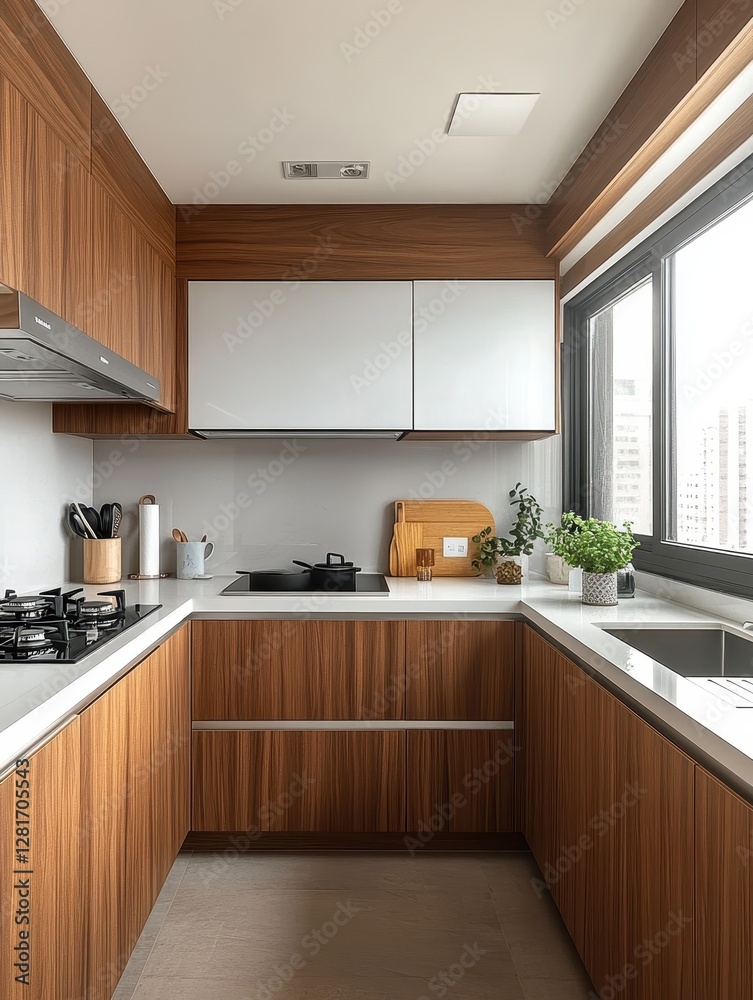 Fototapeta premium Modern Kitchen with wooden cabinetry showcasing minimalist design elements