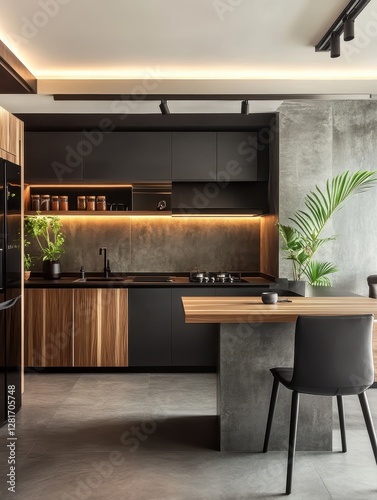 Modern kitchen featuring black cabinetry and wooden accents photo