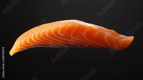 A thin slice of fish fillet, hanging midair, with no background, showcasing its natural, smooth texture photo