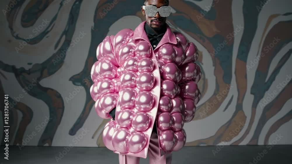 Professional male model showcasing a unique, voluminous pink inflatable jacket and matching pants, posing against a stylish backdrop in a photoshoot setting
