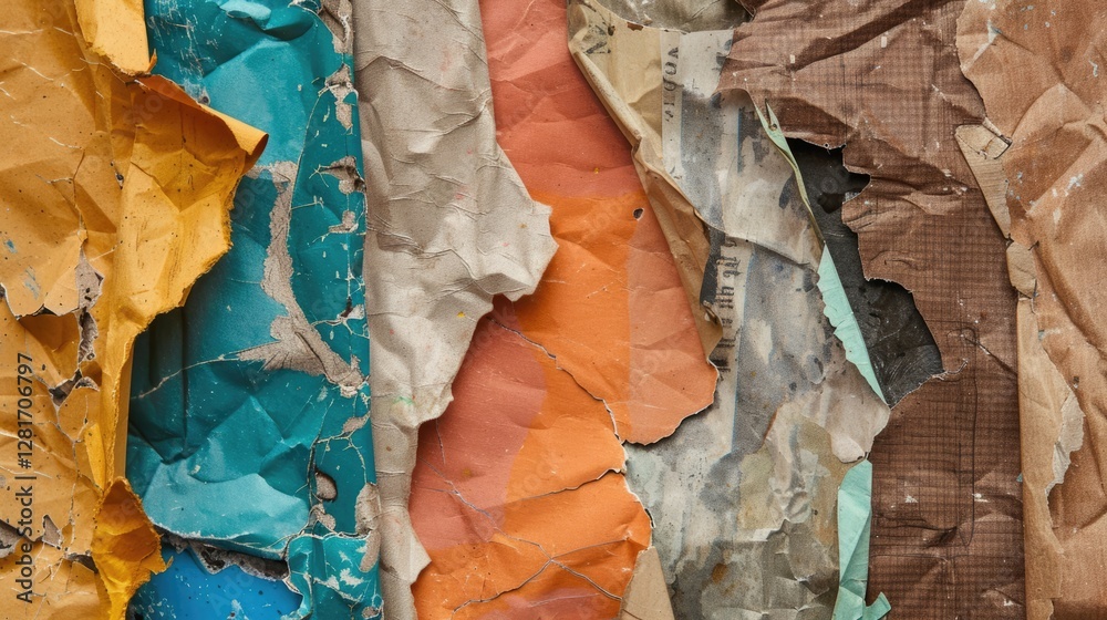 Naklejka premium Old torn paper striped layers on grunge wall with peeling colorful posters abstract texture background
