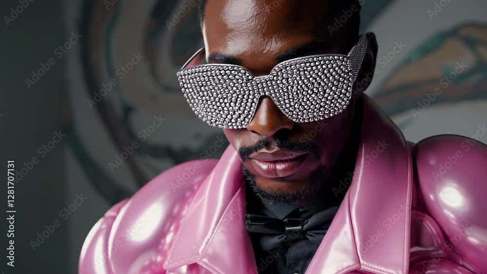Stylish male model wearing vibrant pink bubble shaped jacket and sparkling rhinestone sunglasses, embodying contemporary fashion statement with bold artistic expression
