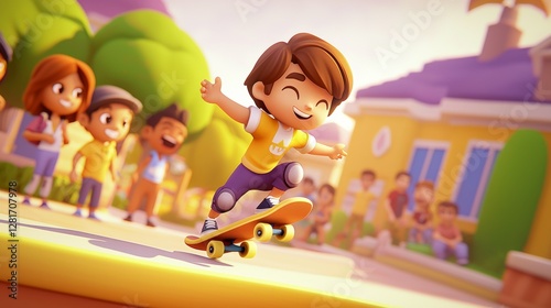 A white teen attempting a skateboard trick at a local skate park Pastel colored 3D cartoon style illustration.