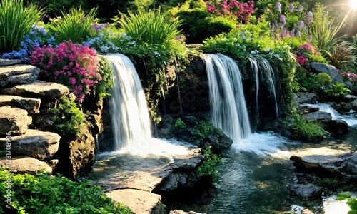 Luxury Outdoor Garden with a Waterfall and Natural Pool – Peaceful Sunrise Over a Dreamlike Landscape Escape