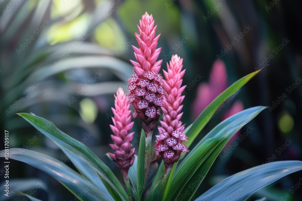 Pink ginger flowers bloom beautifully in lush green foliage Pink ginger flowers bloom beautifully in lush green foliage