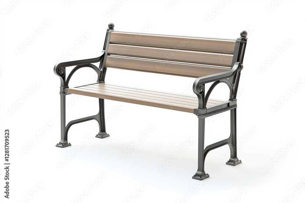 Stylish Park Bench With Intricate Metal Design and Wooden Slats for Outdoor Seating. Generative AI Stylish Park Bench With Intricate Metal Design and Wooden Slats for Outdoor Seating. Generative AI