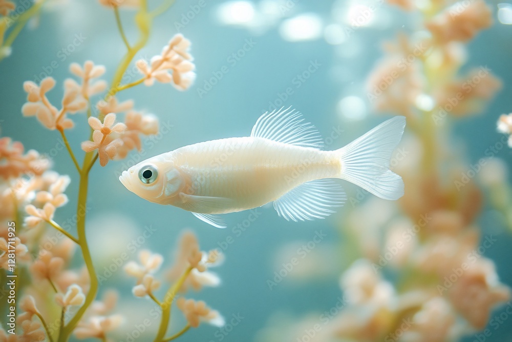 Fototapeta premium Pale fish swims among coral with light blue backdrop, for use in nature illustration