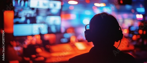 A person with headphones focuses intently on colorful monitors, immersed in a vibrant, tech-driven environment. photo