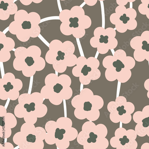 Seamless floral pattern based on traditional folk art ornaments. Colorful flowers on color background. Scandinavian style. Sweden nordic style. Vector illustration. Simple minimalistic pattern.