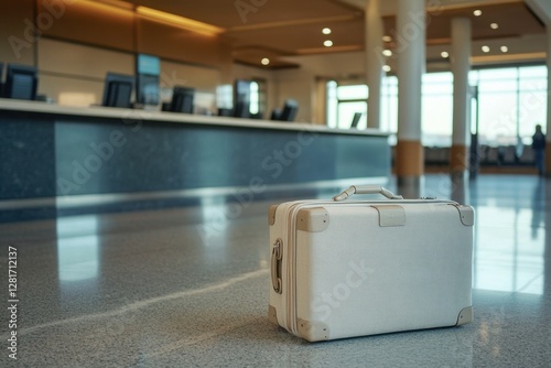 A suitcase sits alone in a bright, modern airport terminal lobby, ready for travel or temporarily misplaced. Waiting for the journey.