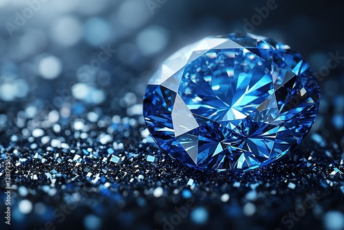 Brilliant blue gemstone shines Reflective facets create a dazzling display on a dark sparkling surface Uncut gems add texture