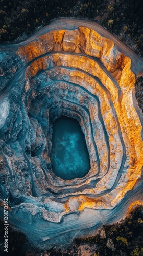 Striking aerial view of a vast open pit mine with vibrant colors and geological layers showcasing industrial landscape and environmental impact