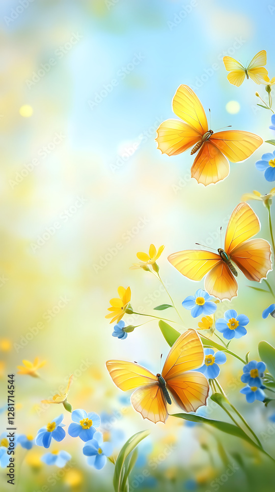 Obraz premium Beautiful spring background with yellow butterflies and forget-me-not flowers on a blurred, sunny nature backdrop 