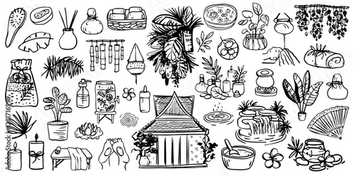 Vector linear clipart Thai massage and elements spa treatment. Hand drawn outline illustration aromatherapy and stone massage for spa design. Sketch drawing for logo. Icons on isolated background.