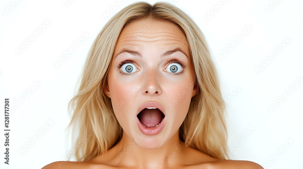 Young blonde woman with surprised expression and wide open mouth against white background, showing shock and astonishment. Isolated portrait for advertising and design. Young blonde woman with surprised expression and wide open mouth against white background, showing shock and astonishment. Isolated portrait for advertising and design.