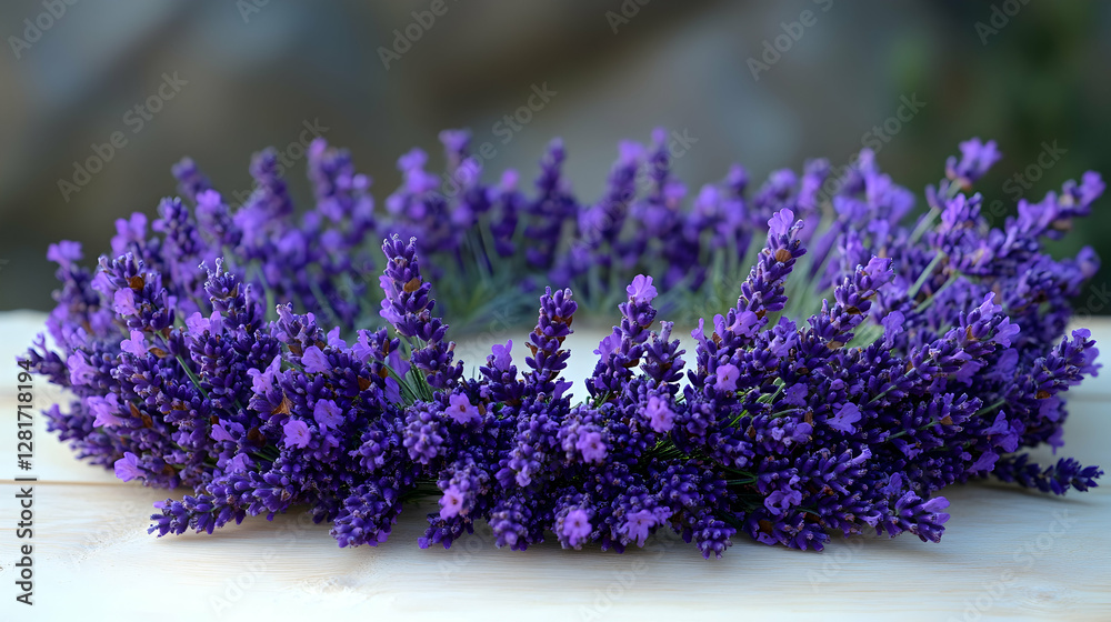 Fototapeta premium Lavender wreath on wood, garden background, aromatherapy