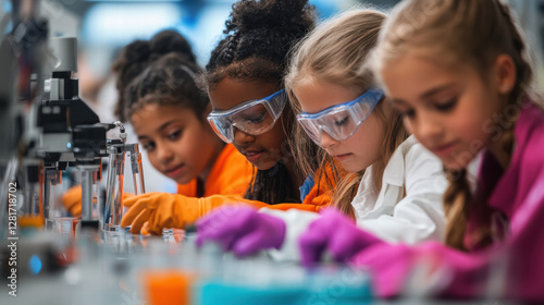 Young girls engaged in STEM activity, wearing safety goggles and gloves, focused on experiments in laboratory setting. Their expressions show curiosity and determination