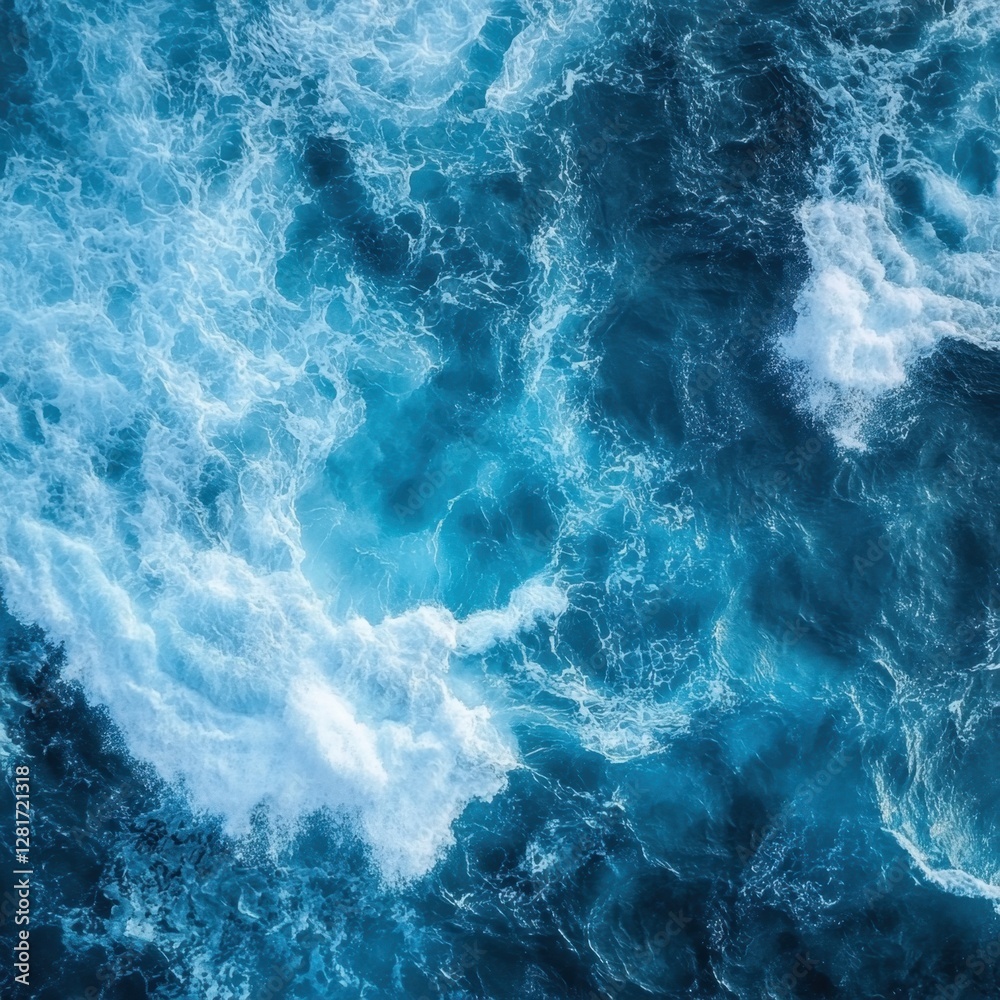 Fototapeta premium Aerial View of Deep Blue Ocean Water with White Foamy Waves Creating a Dynamic and Abstract Pattern Nature Beauty