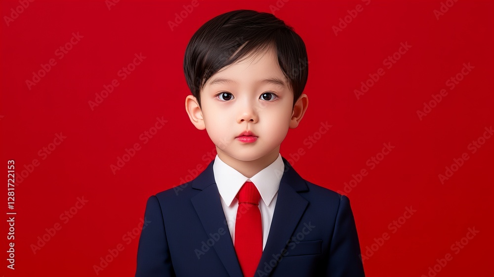 Adorable young boy in a navy blue suit and red tie against a bold red background. A portrait of childhood sophistication. Adorable young boy in a navy blue suit and red tie against a bold red background. A portrait of childhood sophistication.