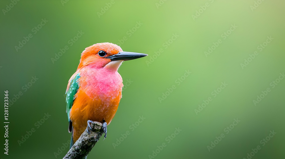 Obraz premium Colorful oriental dwarf kingfisher perched on a branch in a lush green forest during daytime.