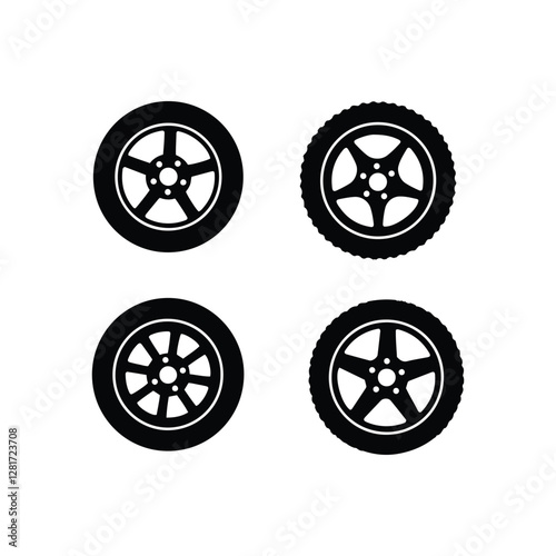 Car wheel, detailed rim silhouette vector graphic style