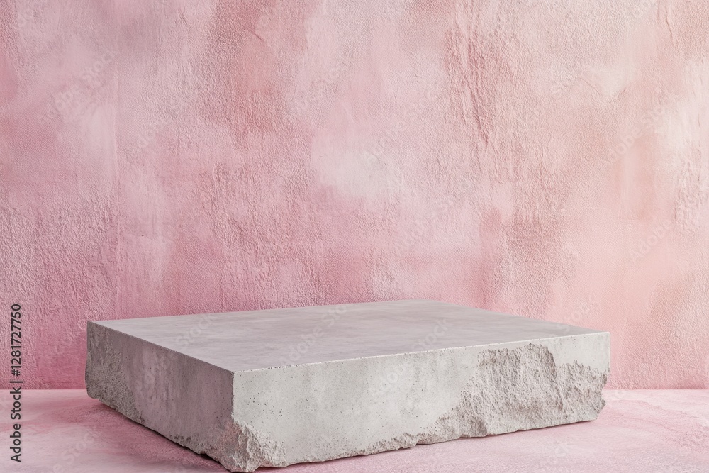 Minimalist presentation: concrete block podium against a pastel pink textured wall. Perfect for showcasing products with subtle elegance. Minimalist presentation: concrete block podium against a pastel pink textured wall. Perfect for showcasing products with subtle elegance.