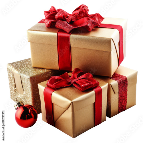 [Transparent Background PNG]Stacked Gold and Glitter Gift Boxes with Red Ribbons photo