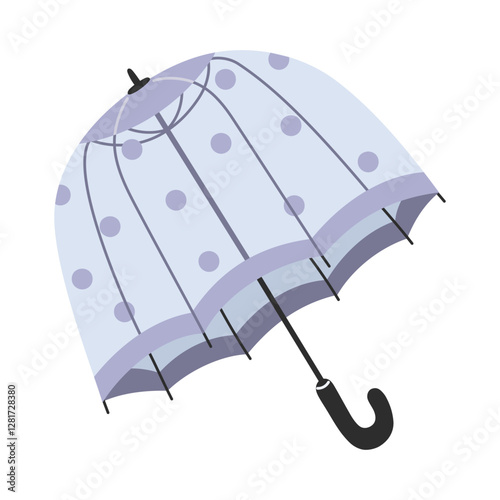 Transparent Open Umbrella with Blue Polka Dots on Automatic Button Against a White Background for Spring Designs