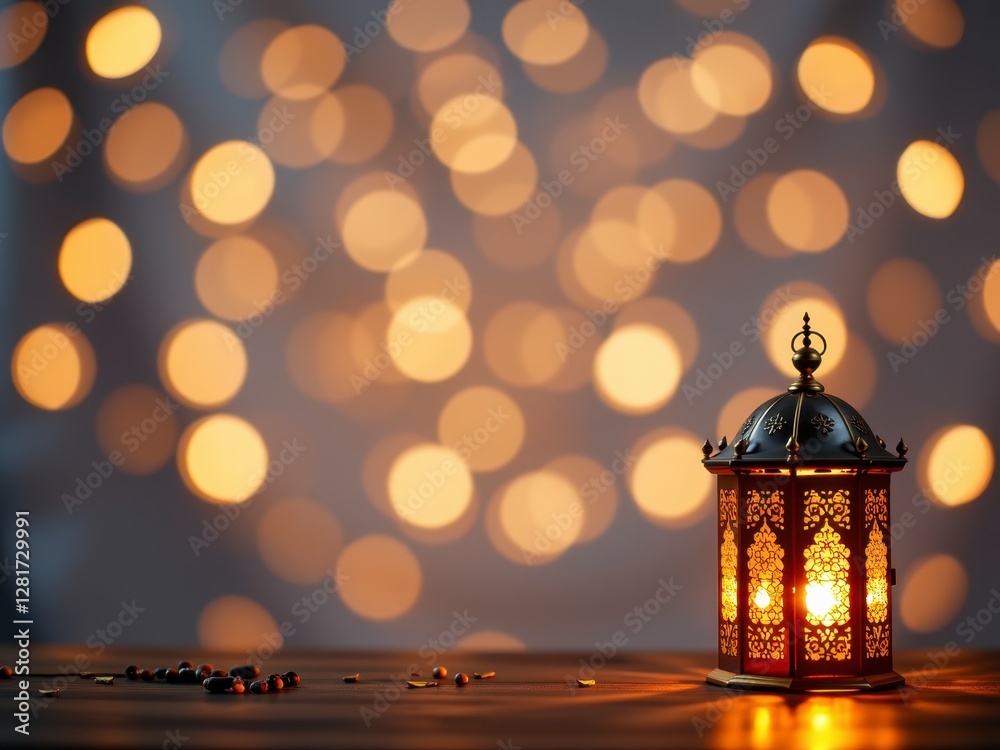 Illuminated Ramadan Lantern on Wooden Table with Bokeh Lights Background Illuminated Ramadan Lantern on Wooden Table with Bokeh Lights Background