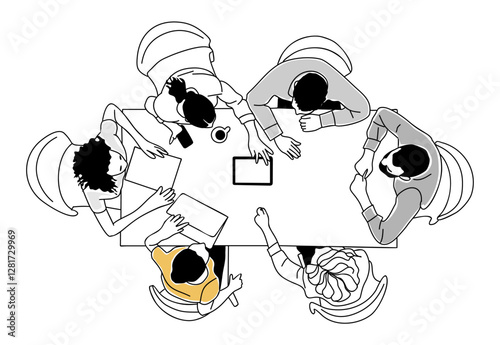 Team work business concept illustration top view. Young men and women sitting around the desk, working together. Vector outline drawing for graphic and web design. Isolated