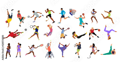 Collection of different men, women, disabled persons performing various sport activities. Bundle of training, exercising people, playing basketball, tennis, football, running. Vector illustrations.