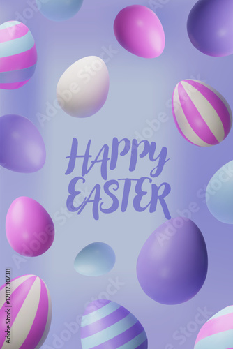 3d render falling easter pastel egg banner poster. Three-dimensional vector illustration. Greeting poster for celebration, springtime holiday, kids hunt or design for sale advertising. Modern template