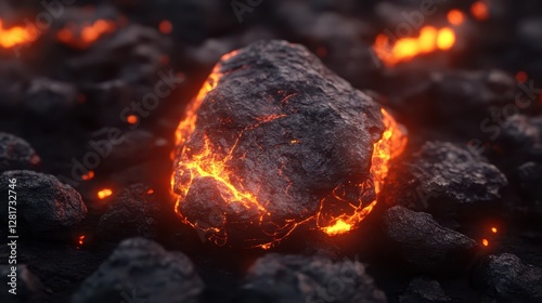 A glowing lava rock sits among dark volcanic rocks, with bright orange and red lava flowing in the background. The scene captures the intense heat and energy of an active volcano during twilight