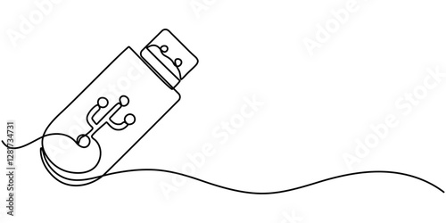 Flash drive line continuous drawing vector. One line Flash drive vector background. Flash drive linear icon. Continuous outline of a Flash drive, Continuous line drawing USB Flash Drive icon vector,  