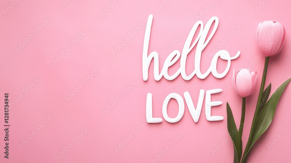 Naklejka premium A vibrant pink background features the words hello love in a playful font beside two charming pink tulips. This joyful display evokes warmth and affection, perfect for celebrating love