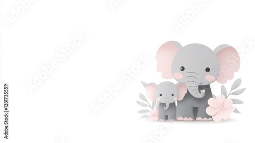 A playful baby elephant stands beside its mother in a whimsical style. They are surrounded by delicate flowers and soft leaves, creating a charming atmosphere