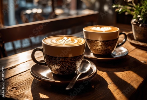 aesthetic swirls coffee creations rustic wooden table capturing unique patterns textures cozy setting, cream, steam, mocha, latte, cappuccino, liquid, art