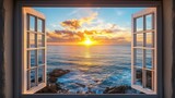 Romantic view of a seaside sunset seen from an open window