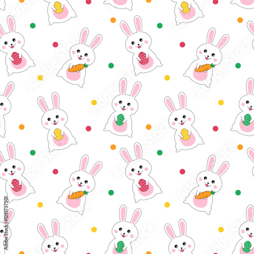 Easter seamless pattern.Cute repeat pattern with colorful easter eggs, carrot and rabbit little bunny isolated on white background.Vector graphic illustration.
