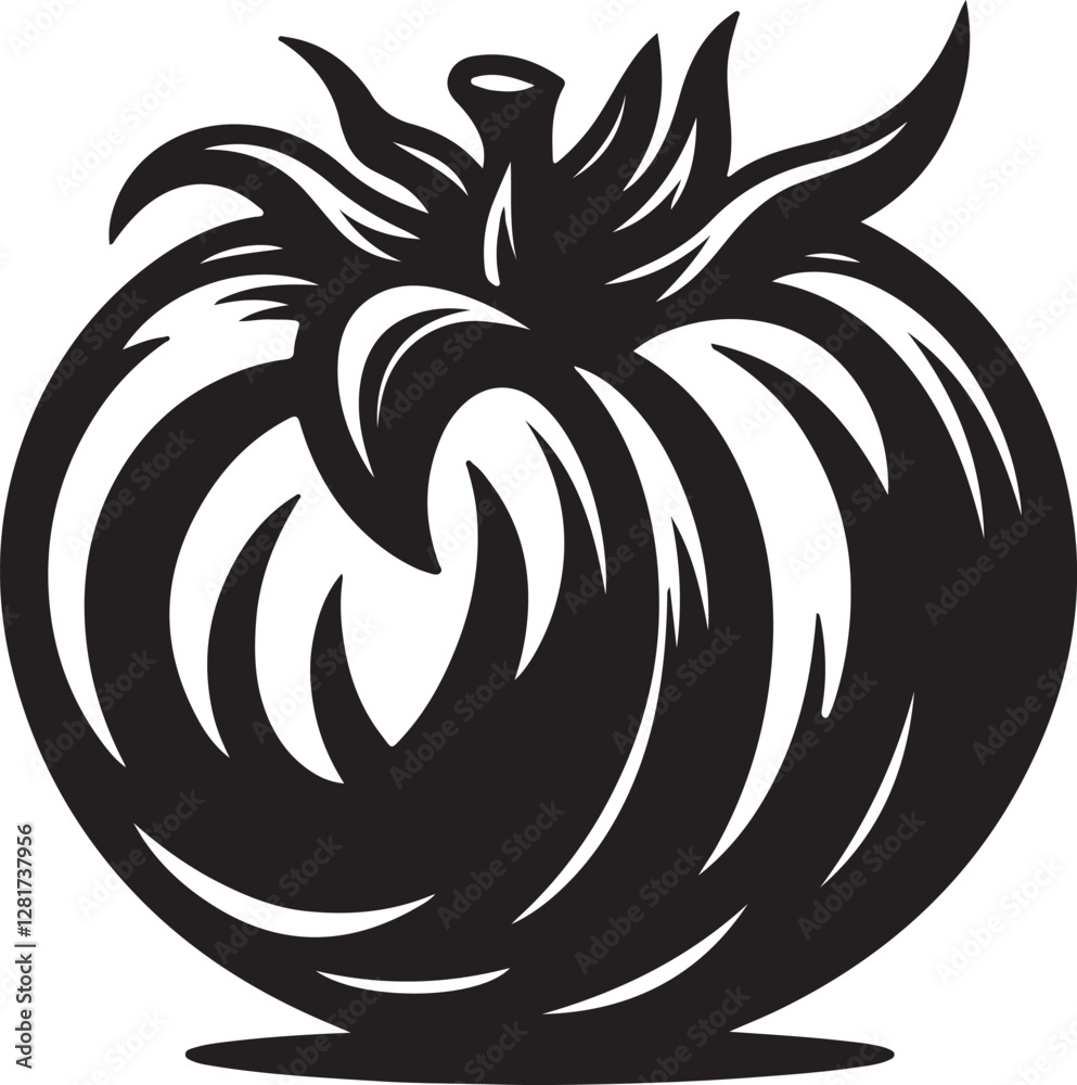 Obraz premium Silhouette vector EPS of a tomato with a simple round shape and leafy stem. Perfect for food packaging, restaurant branding, grocery icons, and culinary illustrations.