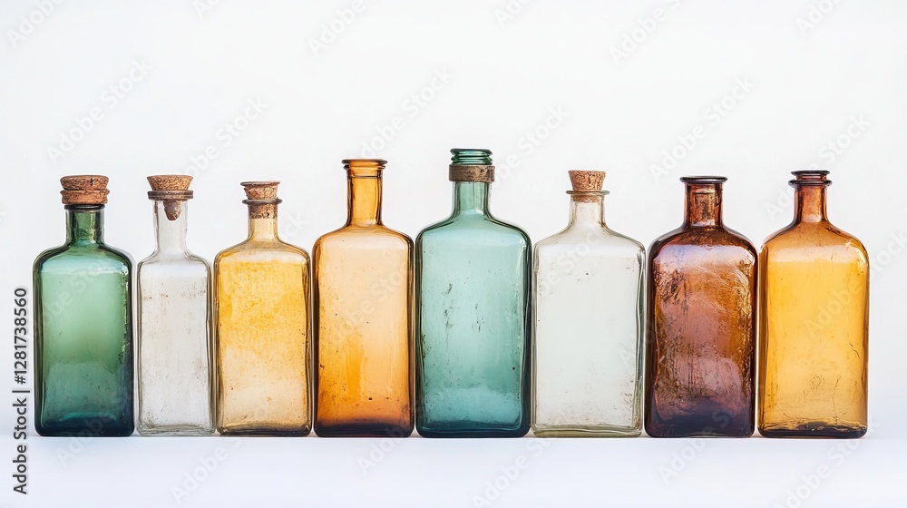 Set of oil glass bottles isolated against a white background Set of oil glass bottles isolated against a white background