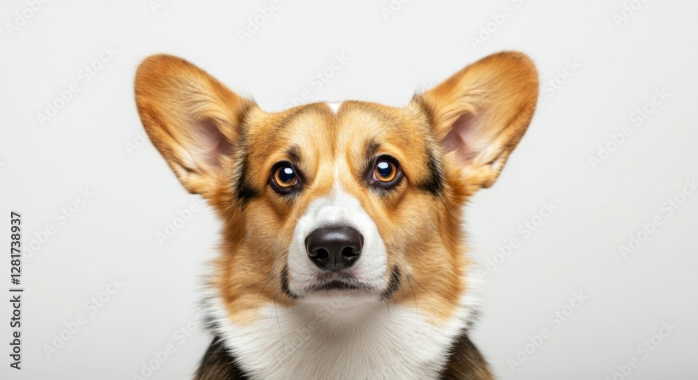 Close-up of alert corgi with upright ears and expressive eyes on white background Close-up of alert corgi with upright ears and expressive eyes on white background