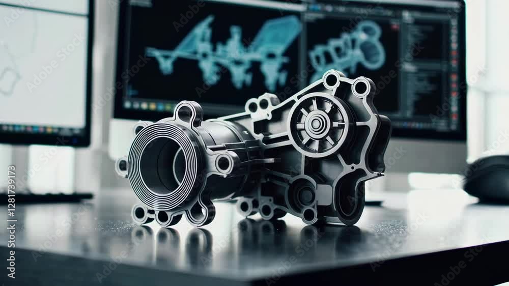 Metal mechanical component rotating slowly on a desk in an engineering lab, with cad software open on the computer screen in the background