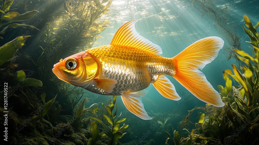 Fototapeta premium Golden fish swims among kelp forest, sunlight streams through water